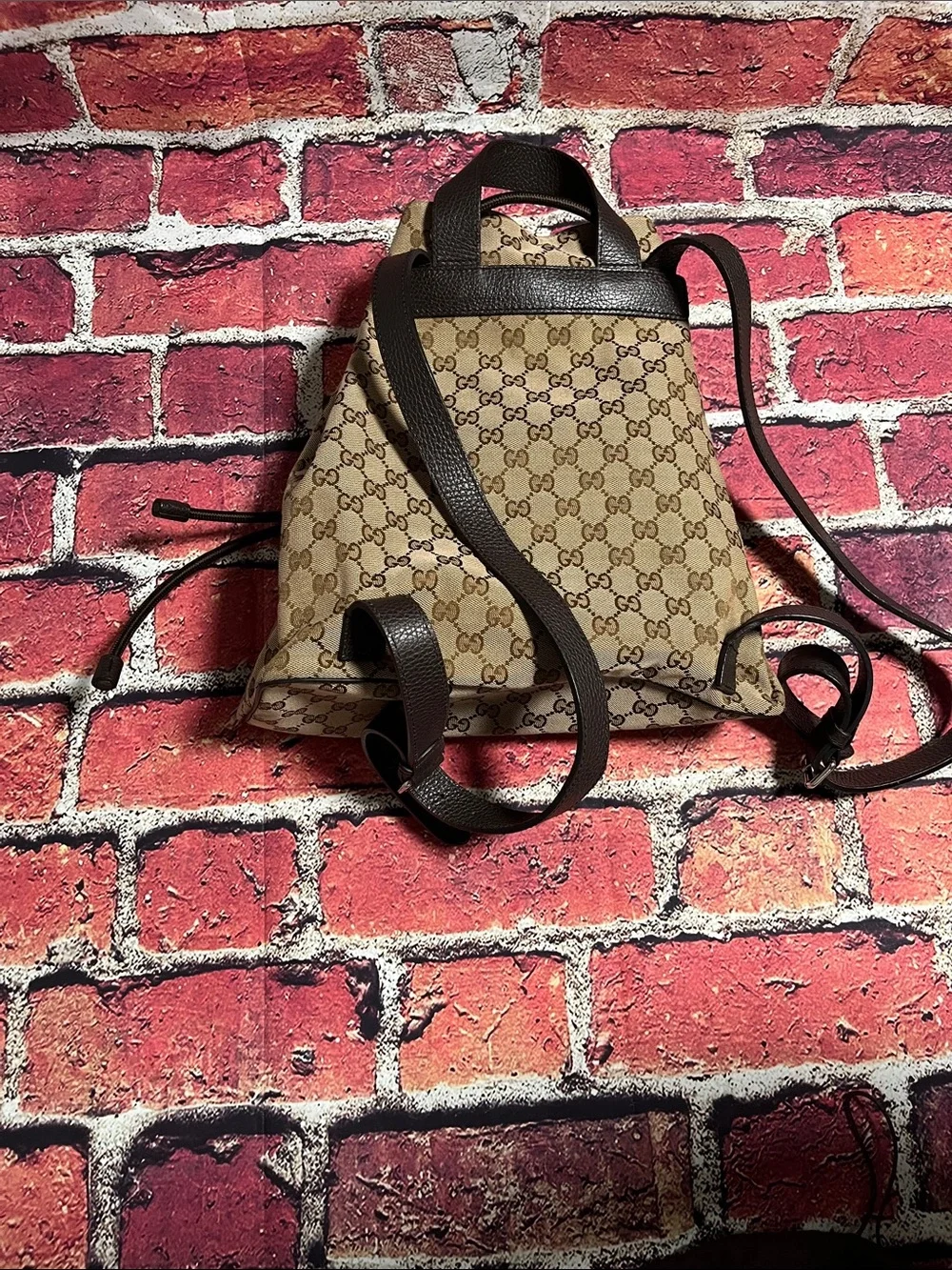 Gucci Beige Brown GG Monogram Drawstring Backpack